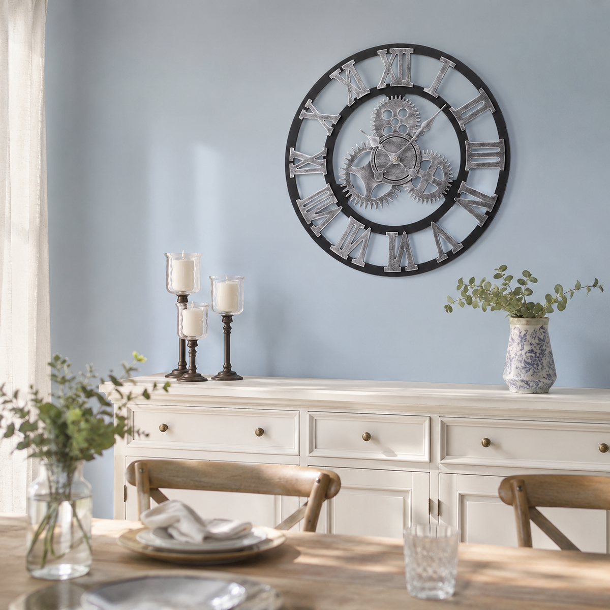 Industrial Gear Wall Clock Roman Numeral Silver Metal