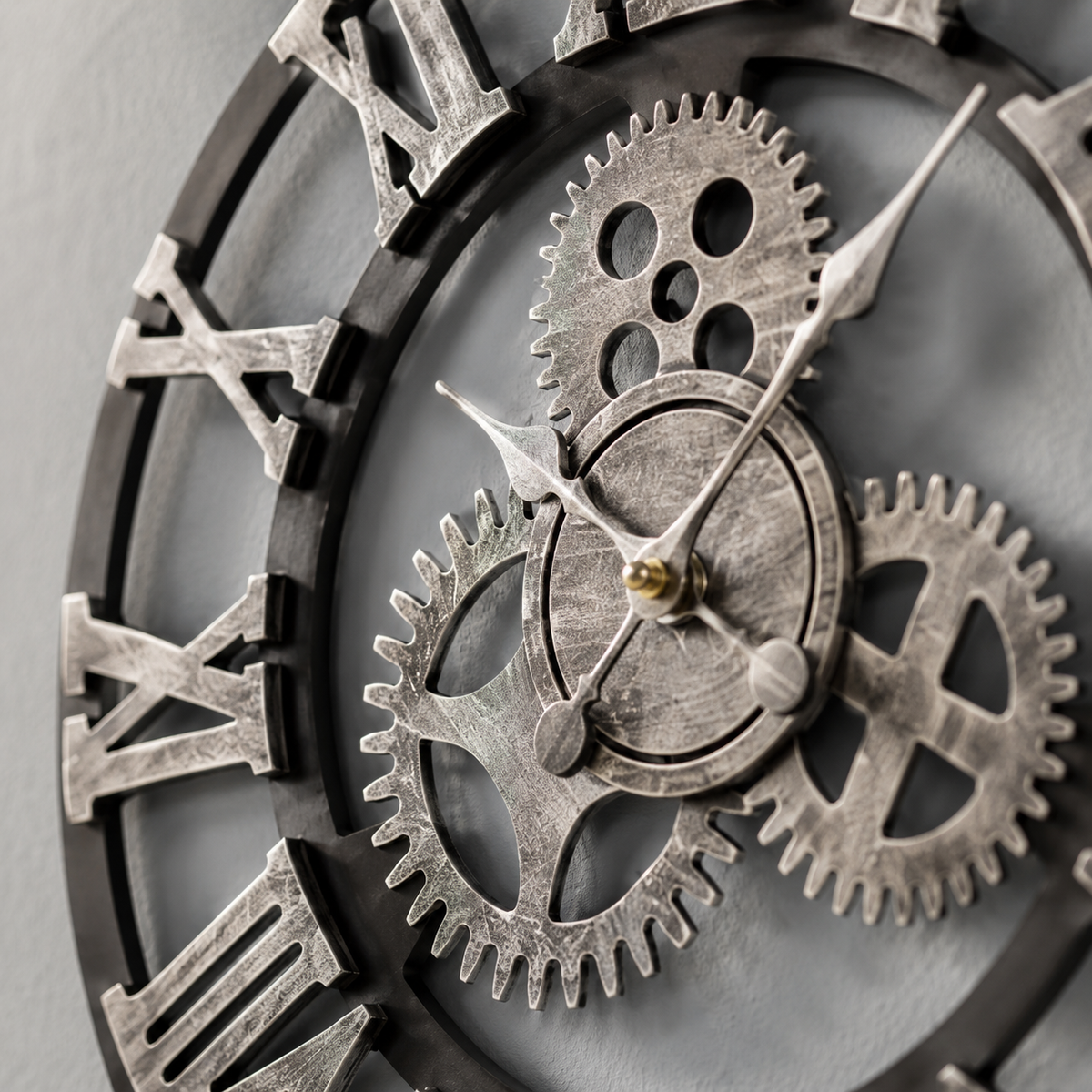 Industrial Gear Wall Clock Roman Numeral Silver Metal