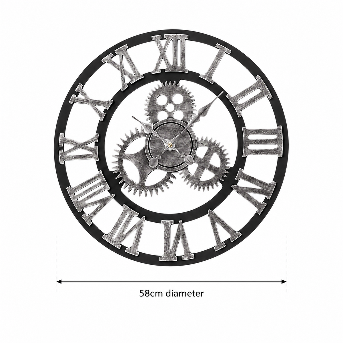 Industrial Gear Wall Clock Roman Numeral Silver Metal