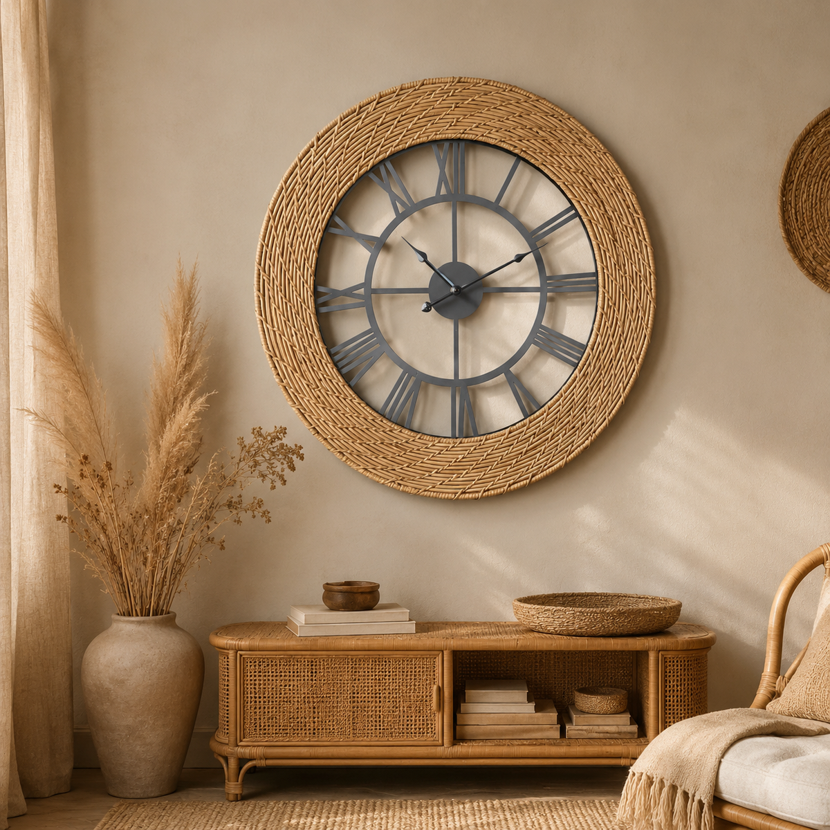 Woven Rattan & Black Metal Skeleton Wall Clock