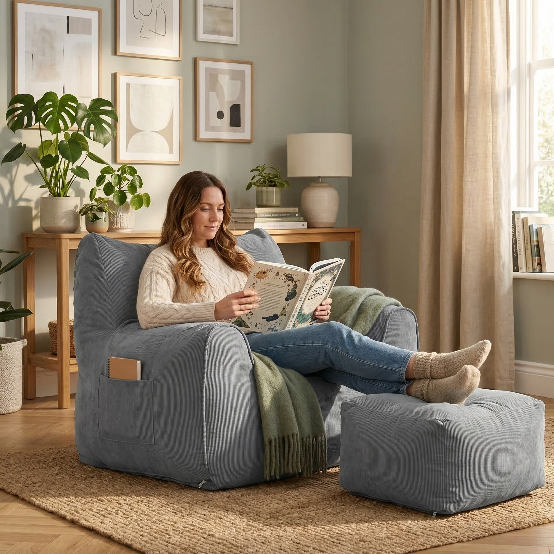 Fauteuil Pouf et Repose-Pieds en Velours Côtelé