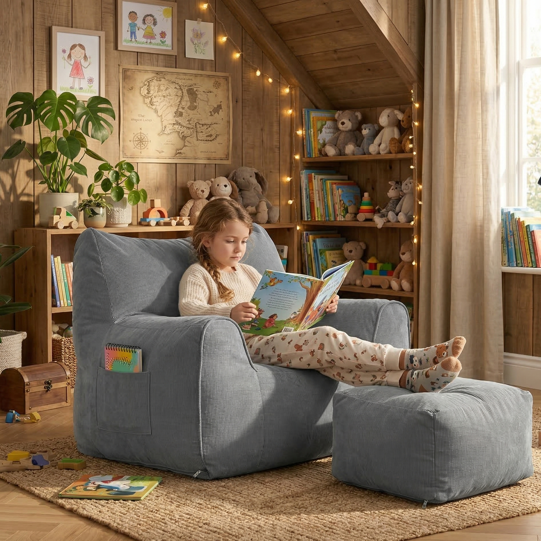 Fauteuil Pouf et Repose-Pieds en Velours Côtelé